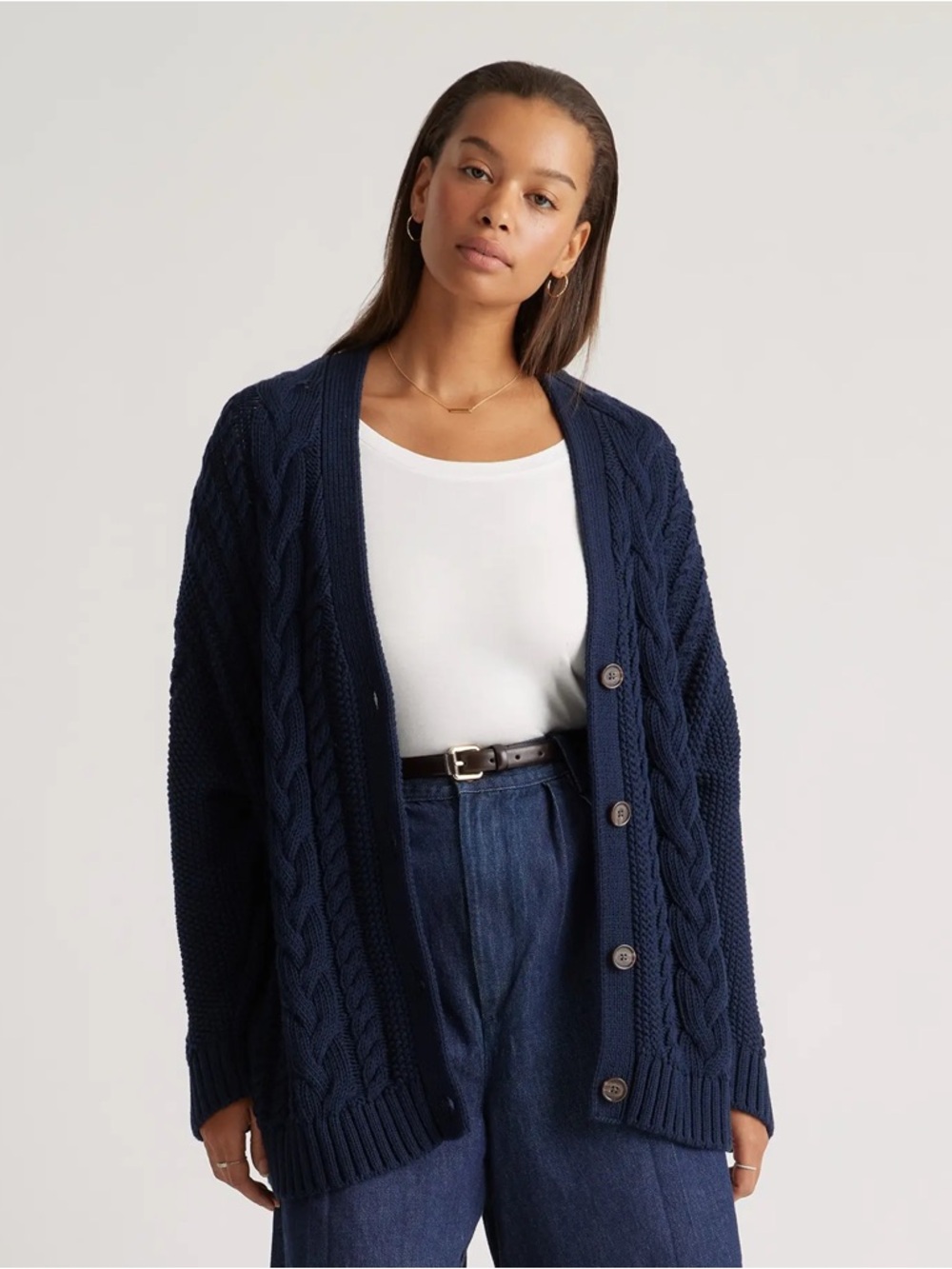 Quince Oversized Navy Cable-Knit Button-Front Cardigan